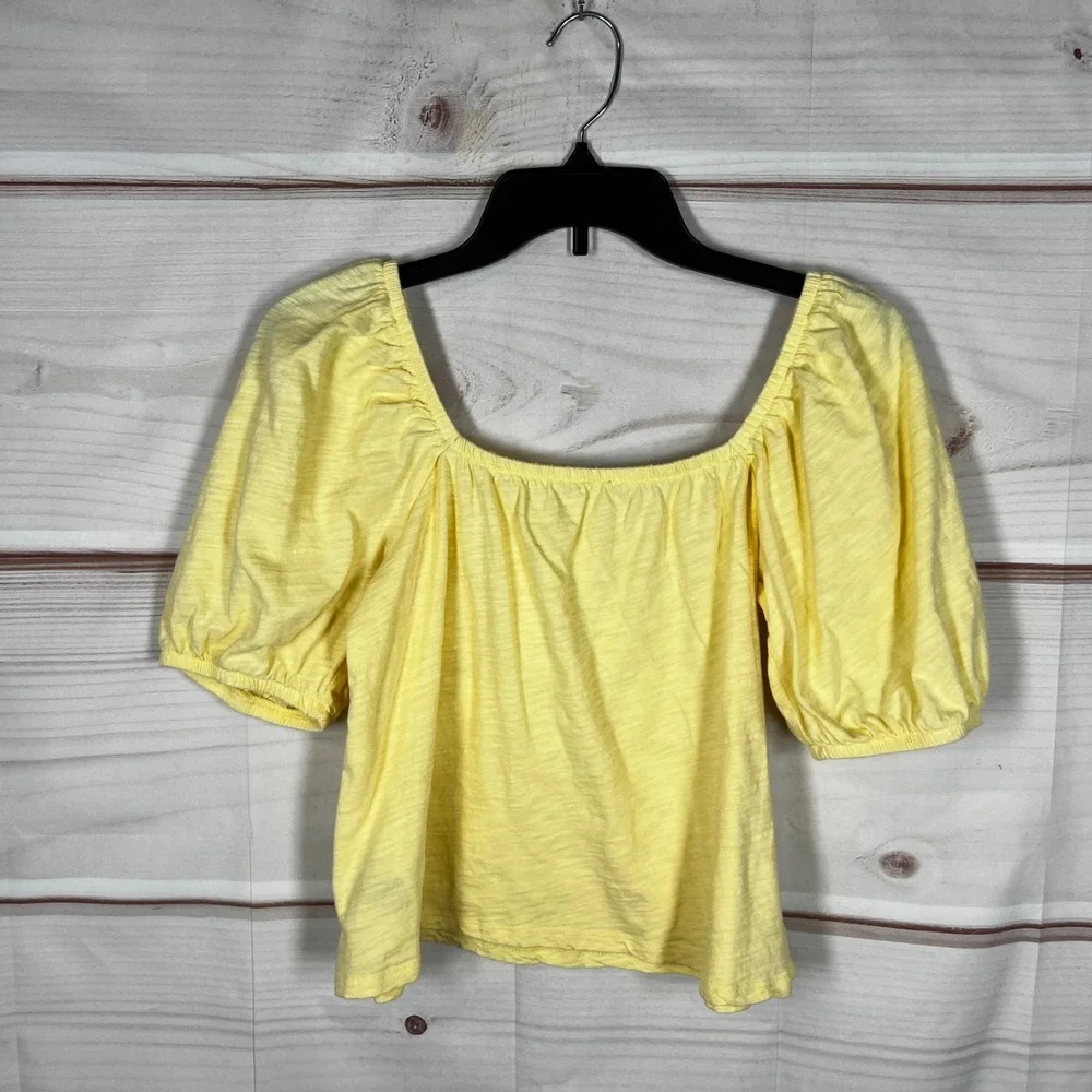 Old Navy Puff Sleeve‎ Top Womens Small Yellow Solid Cotton Slub Knit Square Neck